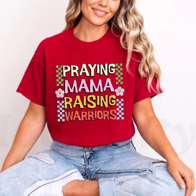 Praying Mama Raising Warriors Mother's Day Tee Pure Cotton Casual Street Style Crew Neck Short Sleeve T-Shirt Tops Trendy For Women For Men, Perfect Gift