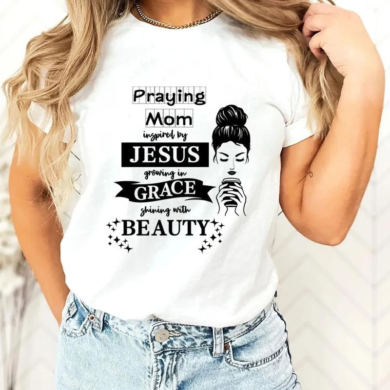 Praying Mom Inspired By Jesus Graphic Tee Pure Cotton Casual Street Style Crew Neck Short Sleeve T-Shirt Tops Trendy For...