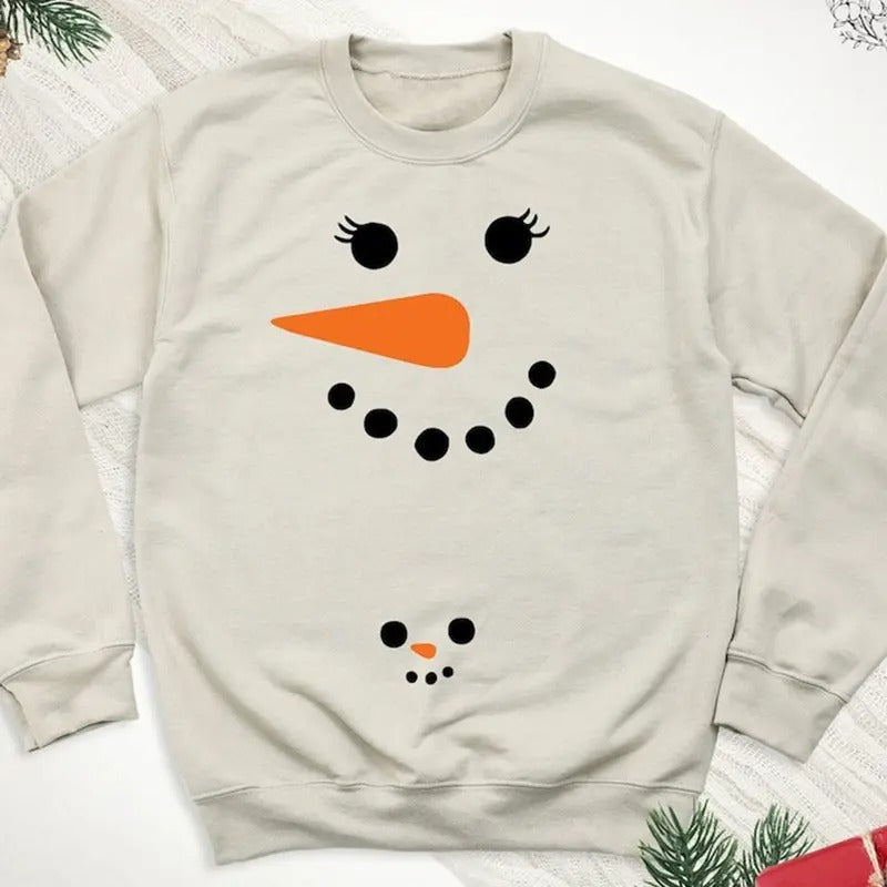 Pregnancy Reveal Snowman Face Sweatshirts, Christmas Snowwoman Pregnancy Long Sleeve, Matching Couple Winter Hoodie, Xmas...