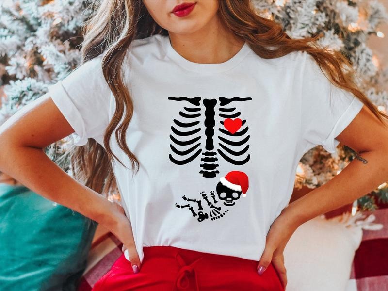 Pregnant Christmas Skeleton Shirt, Christmas Maternity Party 2023 T-Shirt, Pregnancy Announcement Tee, Mom To Be Shirt....