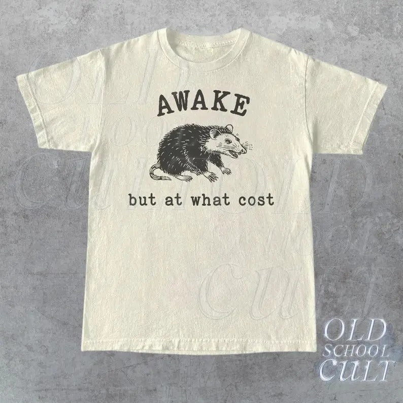 Premium  Awake But At What Cost Retro T-Shirt, Funny Possum T-shirt, Sarcastic Sayings Shirt, Vintage 90s Gag Shirt,...