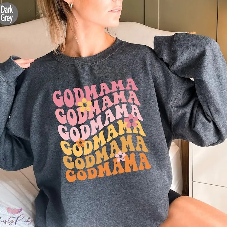 Premium  Retro Godmother Sweatshirt, Cute Godmama Shirt, Trendy Mother's Day Gifts, Mom's Baptism Shirt, Godmother Gifts...