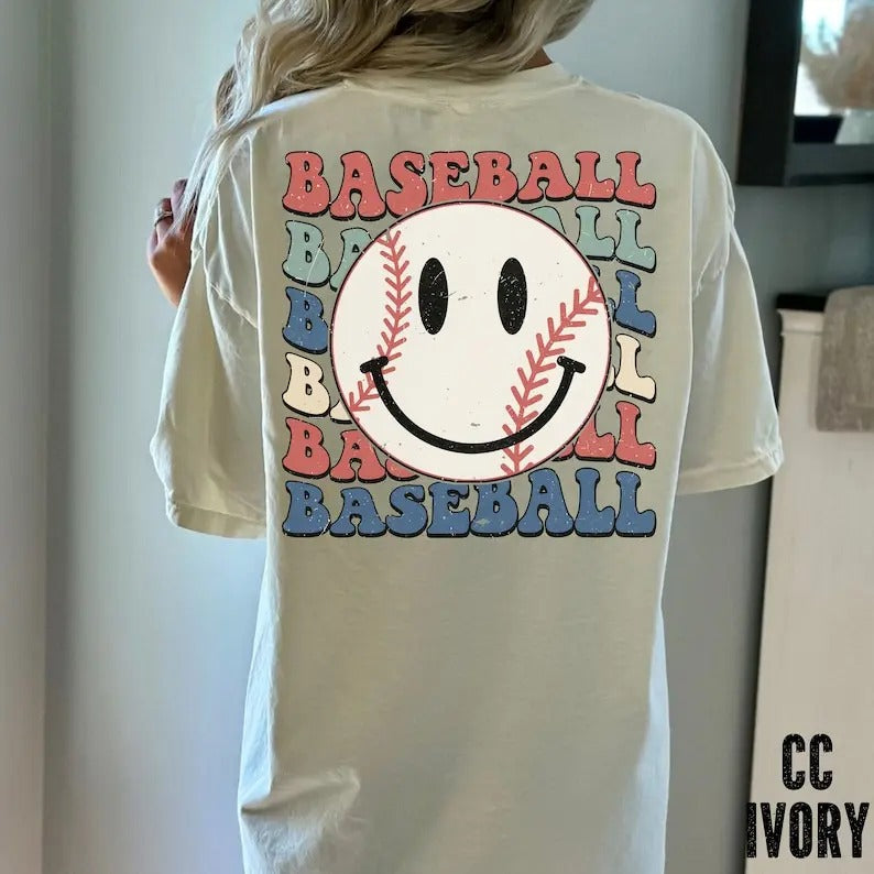 Premium  Smiley Face Baseball Shirt, Gameday Baseball Shirt, Happy Face Shirt, Baseball Mom's, Parent's T-shirt, Baseball...
