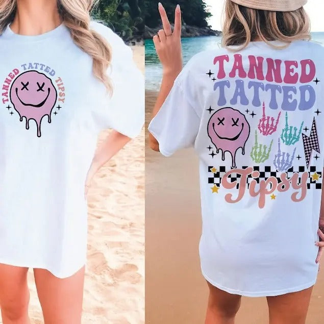 Premium  Tanned tatted and tipsy , summer smiley face sweatshirt T-Shirts, Hoodie | HypeDripTees.com