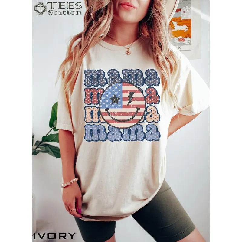 Premium  USA Smiley Flag Mama Graphic Tee, 4th of July Mama Shirt, Mom Gift, Patriotic Mom Shirt, Mama T shirt Hoodie,...