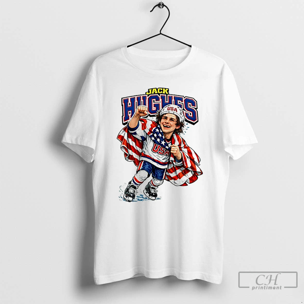 Premium Mens Hockey Usa Golden Goal Jack Hughes Caricature T-Shirts, Hoodie, Sweatshirt | HypeDripTees.com