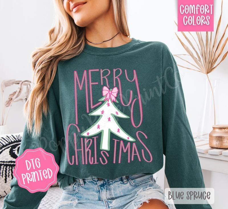 Preppy Merry Christmas Comfort Colors Long Sleeve T-Shirt, Cute Women's Holiday Tee Hoodie, Sweatshirt | HypeDripTees.com