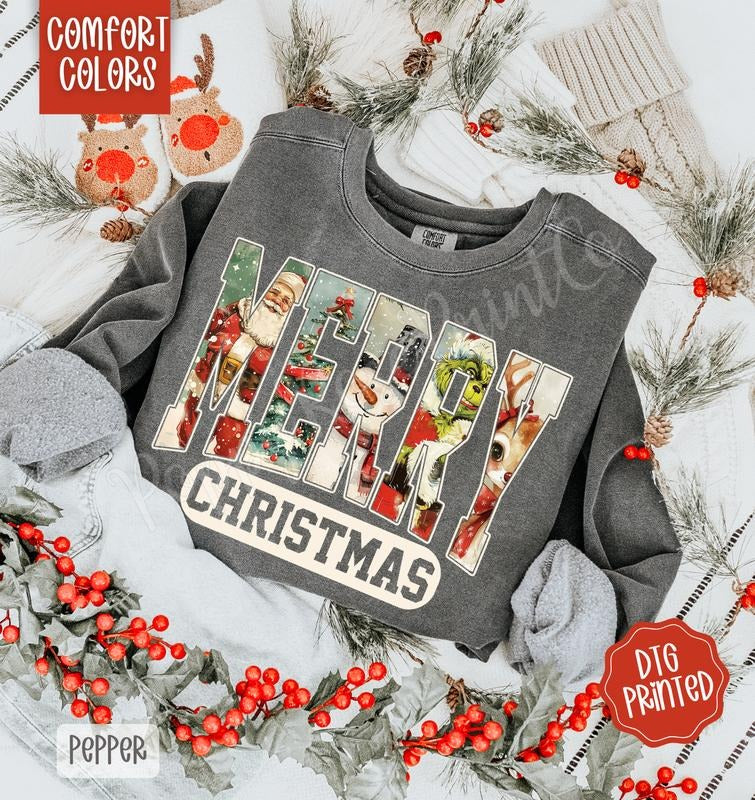 Preppy Merry Christmas Comfort Colors Sweatshirt, Trendy Women's Holiday Crewneck T-Shirts, Hoodie | HypeDripTees.com