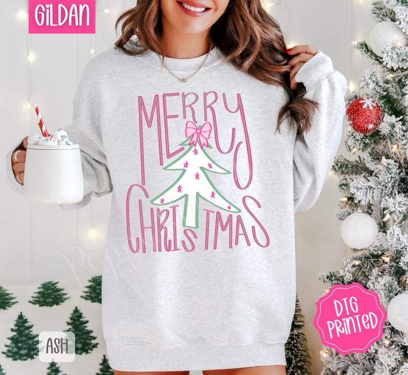 Preppy Merry Christmas Sweatshirt, Trendy Women's Holiday Crewneck T-Shirts, Hoodie | HypeDripTees.com