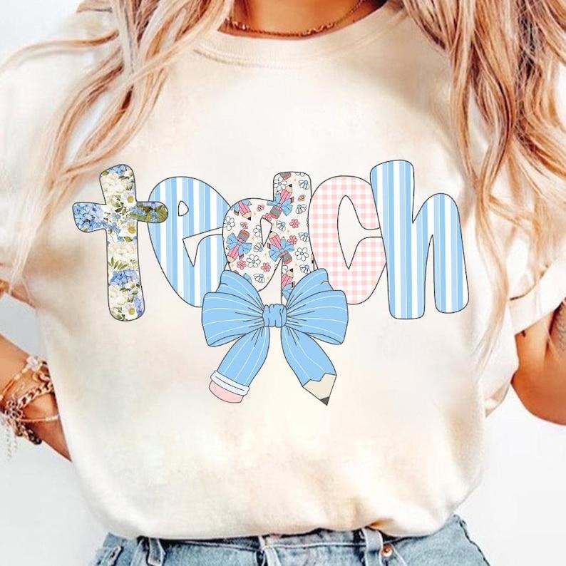 Preppy Teacher Floral Coquette shirt, Teach Blue Floral shirt, Everyday, Pencil Bow Hoodie, Sweatshirt | HypeDripTees.com