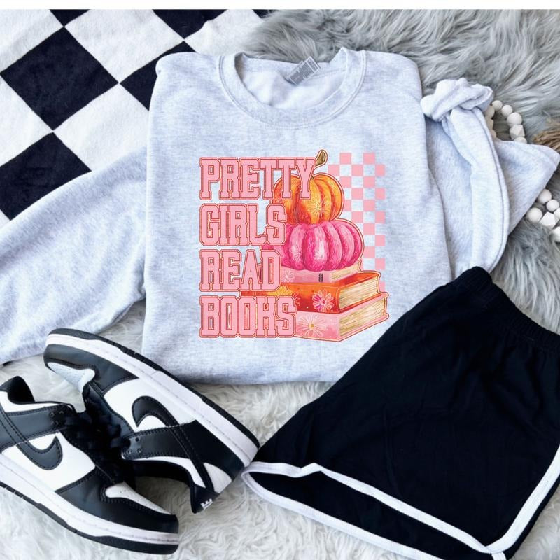 Pretty Girls Read Books Pumpkins Sweatshirt Ash Grey - Sublimation - Booktok Pullover Jersey Basic Women's Comfy Long...