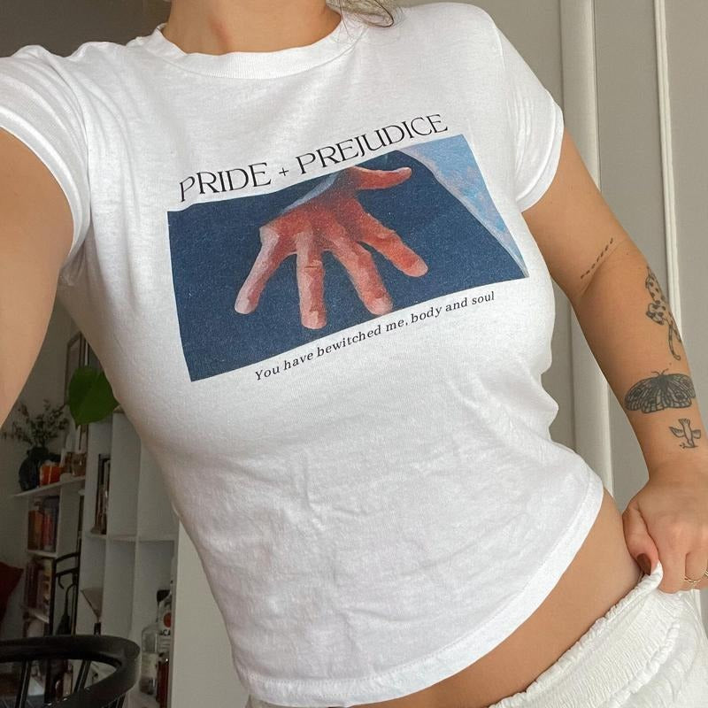Pride and Prejudice Hand Flex Scene Y2K Baby Tee, Mr Darcy Hands Bookish Graphic Shirt, Classic Literature Gift, Retro...