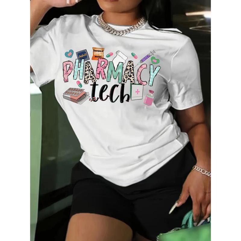 [Print Crew Neck T-Shirt] Pharmacy Teach Print Crew Neck T-Shirt, Casual Short Sleeve Top for Spring & Summer, Women's...
