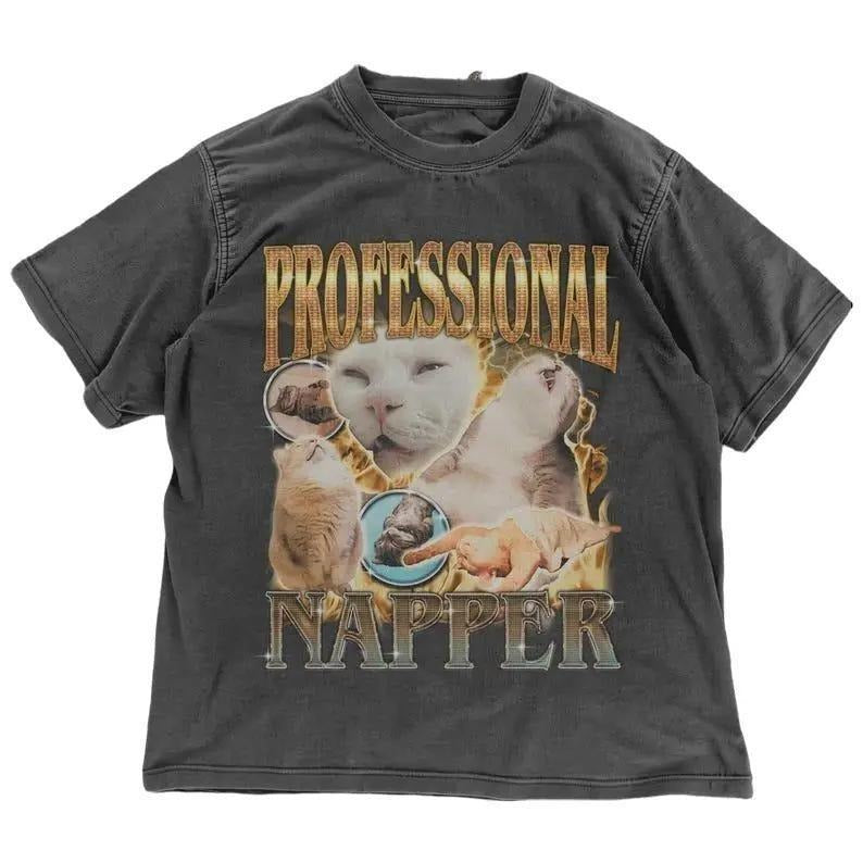 Professional Napper Cat Meme T-Shirt | Funny Cat Lover Gift | Vintage Style Sleeping Cat 90s Graphic Tee | Humorous Cat...
