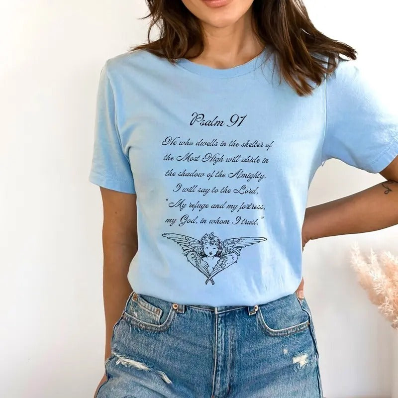 Psalms 91 Bible Verse Inspired T-shirt, Psalm 91 12 Faith And Protection Gift For Christian Mom Easter Casual Wear Friend...