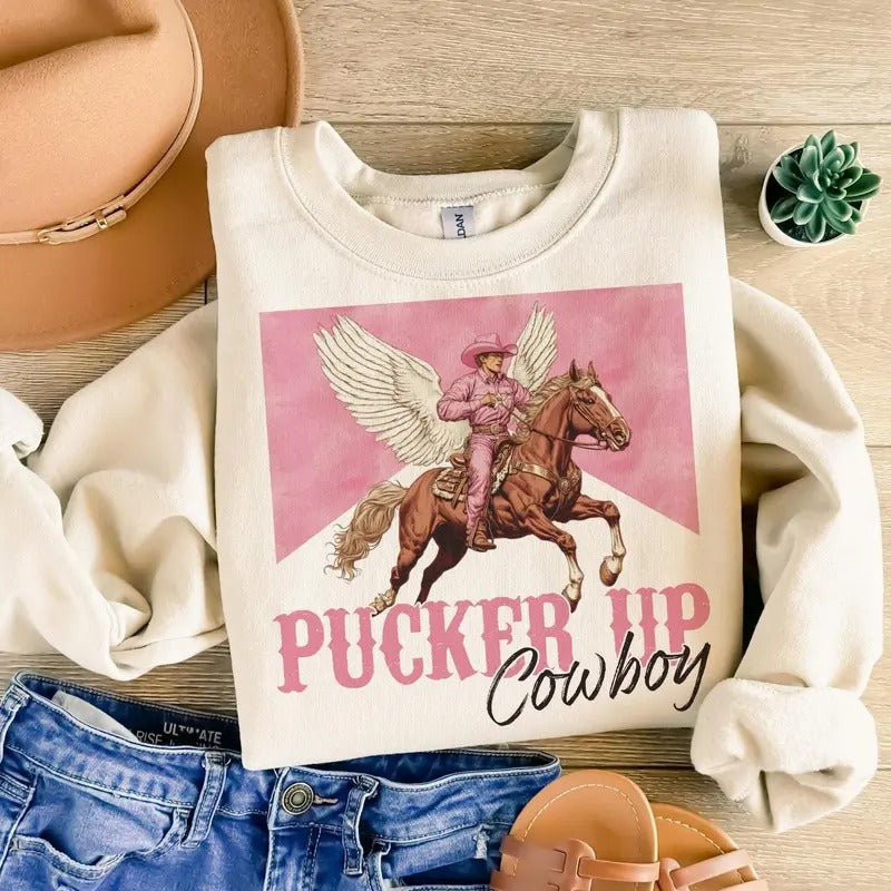 Pucker up cowboy Sweatshirt, Hoodie, T-Shirt, Funny Western Valentines Shirt, Retro Valentine's Shirt, Western Shirt,...
