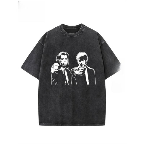 "Pulp Fiction" Creative Pattern Printing Heavy 230g Pure Cotton Oversized Drop Shoulder T-shirt Washed T-shirt Retro...