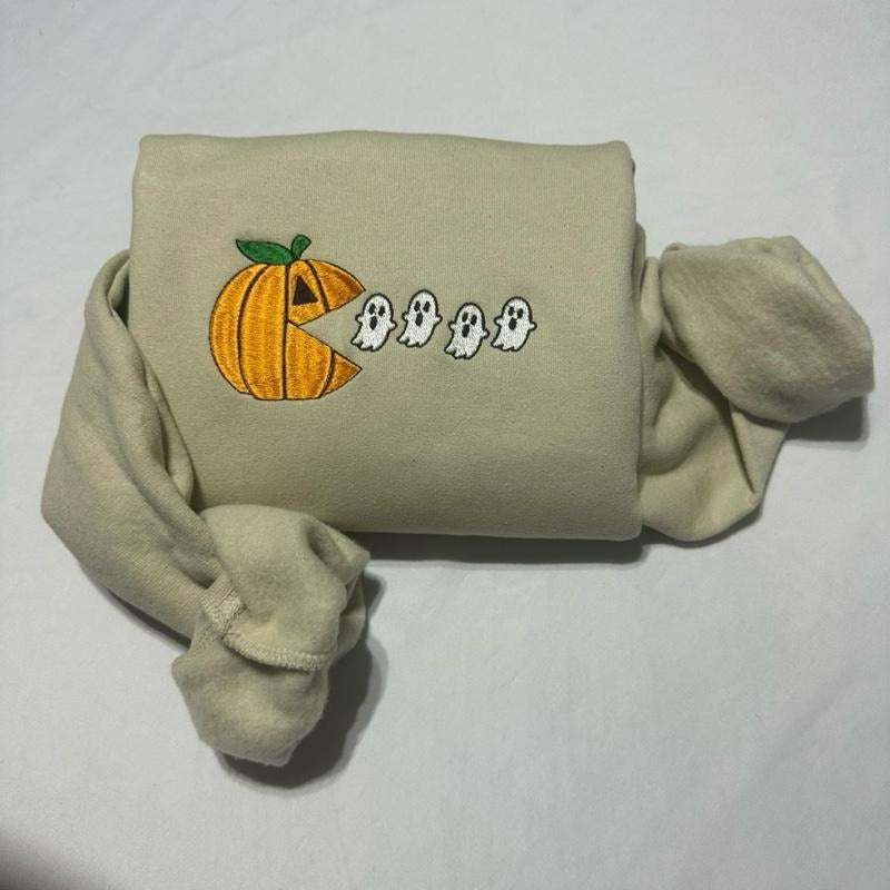 Pumpkin Chasing ghost Halloween sweatshirt Embroidered Womenswear Hoodie T-Shirts | HypeDripTees.com