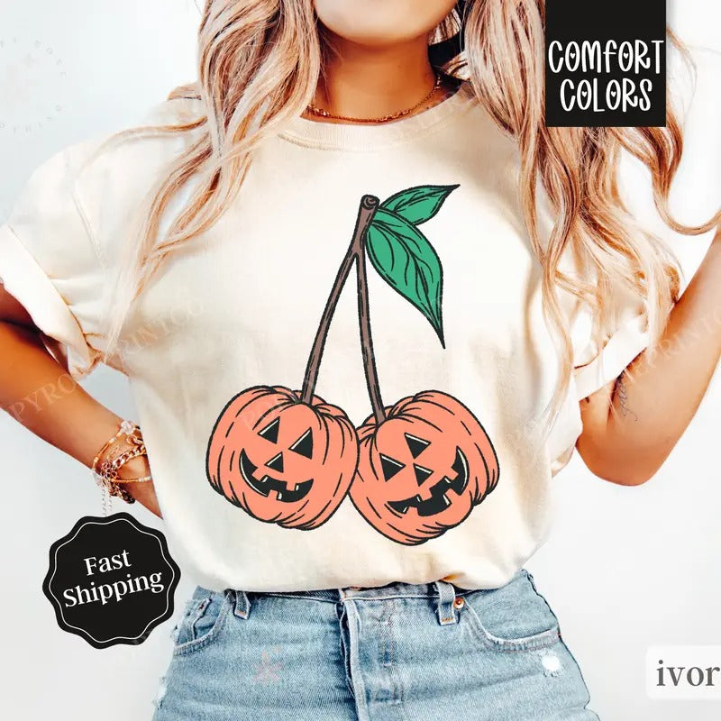 Pumpkin Cherries Shirt Comfort Colors, Womens Fall Pumpkin Shirt, Womenswear Oversized Crewneck Hoodie, Sweatshirt
