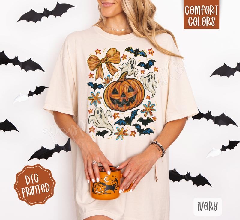 Pumpkin Floral Collage Shirt Comfort Colors, Trendy Halloween Tshirt Hoodie, Sweatshirt | HypeDripTees.com