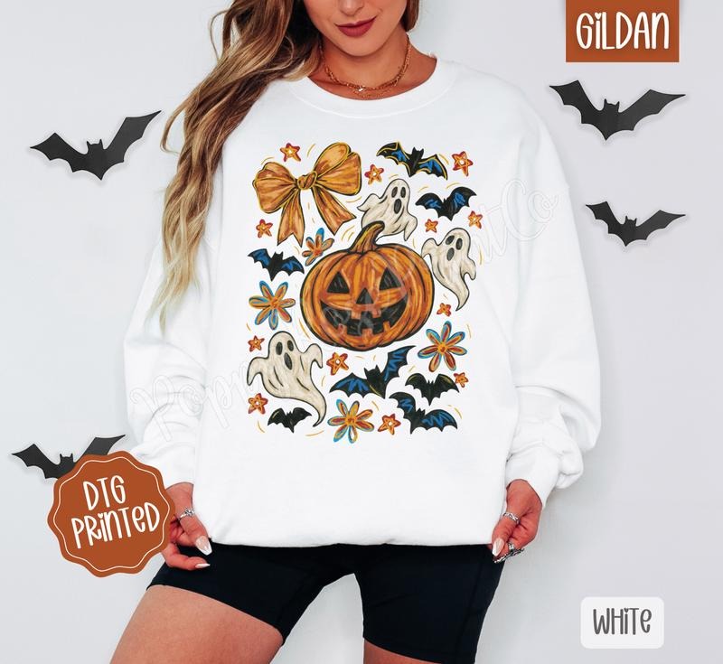Pumpkin Floral Collage Sweatshirt, Trendy Halloween Crewneck T-Shirts, Hoodie | HypeDripTees.com