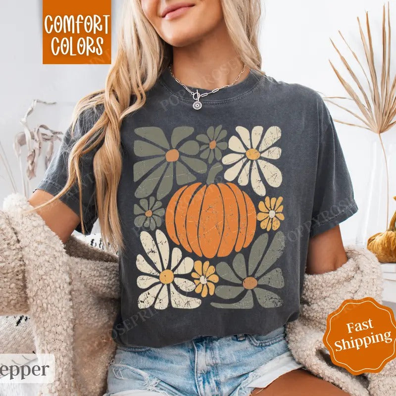 Pumpkin Floral Shirt Comfort Colors Fall Shirt Fall Womenswear T-Shirts, Hoodie, Sweatshirt