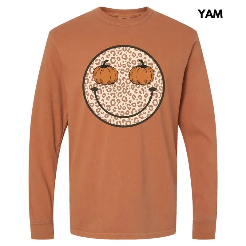 Pumpkin Leopard Happy Face Long Sleeve Comfort Colors T-Shirt 'NLB' Hoodie, Sweatshirt | HypeDripTees.com