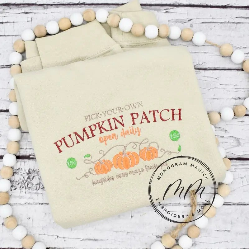 Pumpkin Patch Embroidered Sweatshirt, Fall Embroidered Sweatshirt T-Shirts, Hoodie | HypeDripTees.com