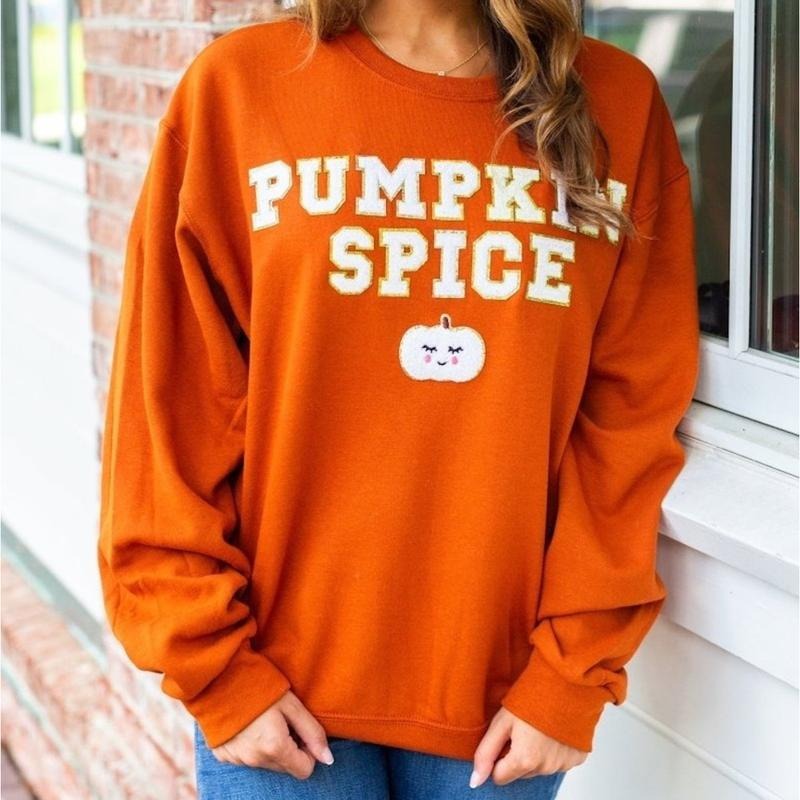 'Pumpkin Spice' Letter Patch Crewneck Sweatshirt T-Shirts, Hoodie | HypeDripTees.com