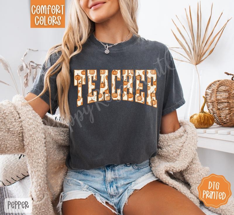 Pumpkin Teacher Shirt Comfort Colors, Trendy Women's Fall Tshirt Hoodie, Sweatshirt | HypeDripTees.com