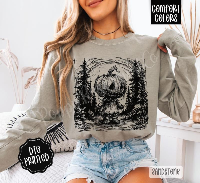 Pumpkin Woods Long Sleeve TShirt, Trendy Women's Halloween Tee Hoodie, Sweatshirt | HypeDripTees.com