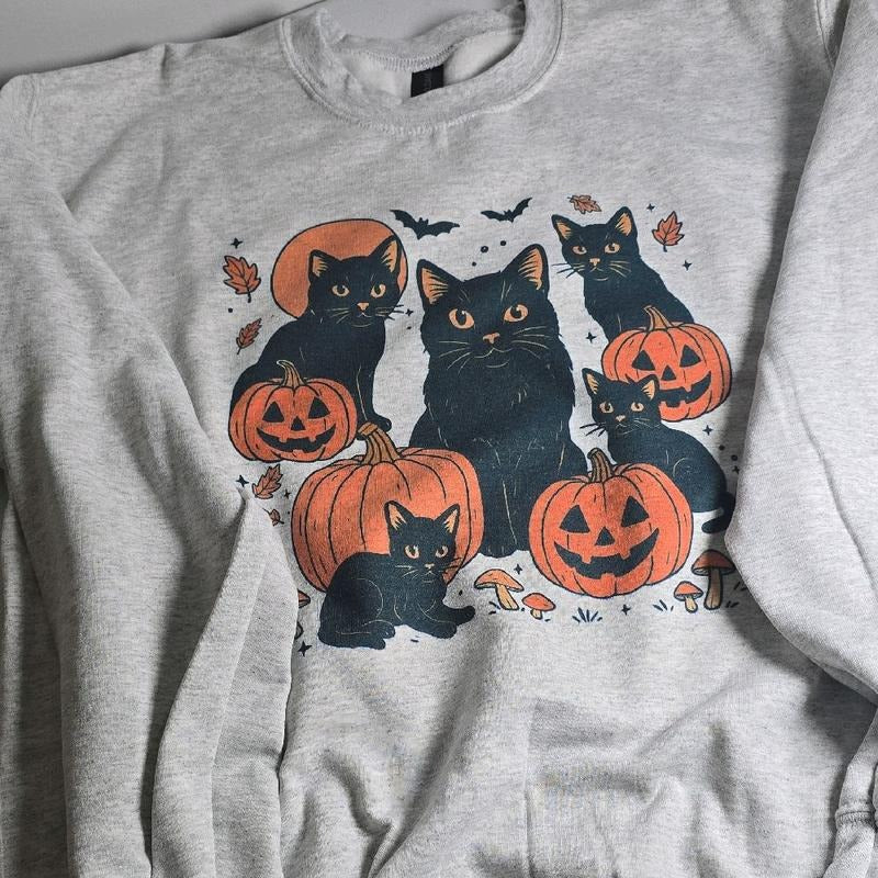 Pumpkins & Cats Spooky Graphic Tee or Sweatshirt Hoodie | HypeDripTees.com
