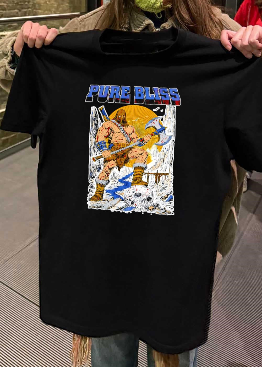 Pure Bliss Barbarian Warrior Standing on a Skull Fantasy Action T-Shirt
