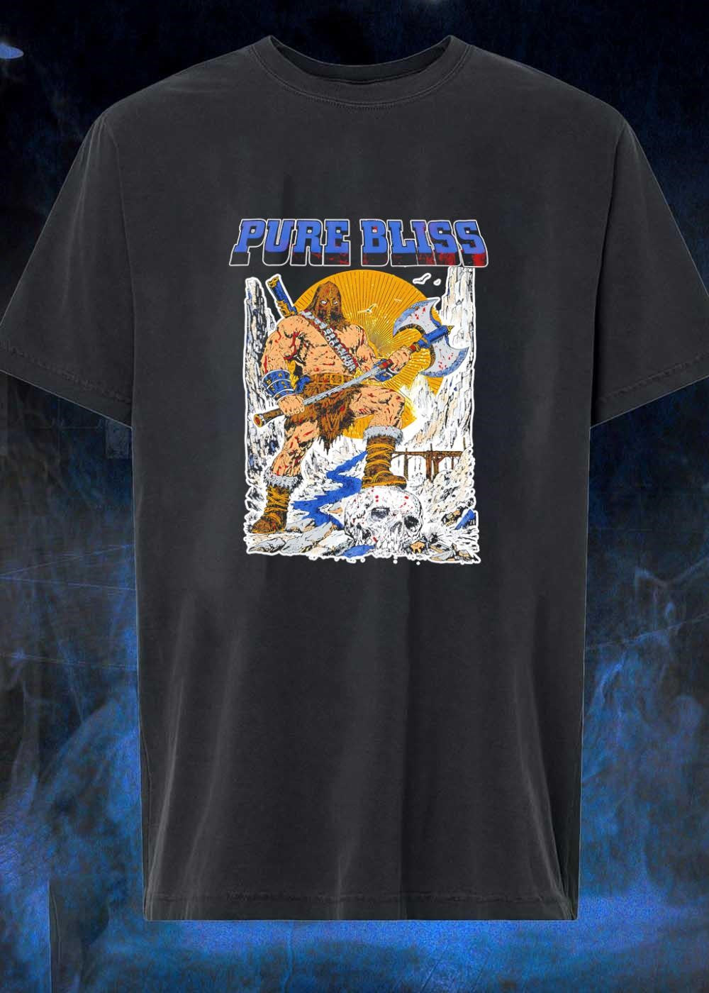 Pure Bliss Barbarian Warrior Standing on a Skull Fantasy Action T-Shirt