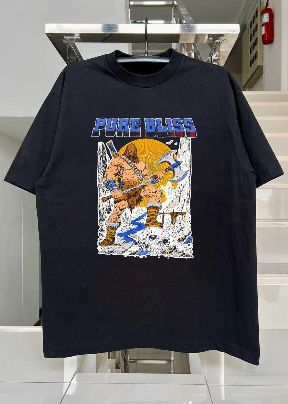 Pure Bliss Barbarian Warrior Standing on a Skull Fantasy Action T-Shirt