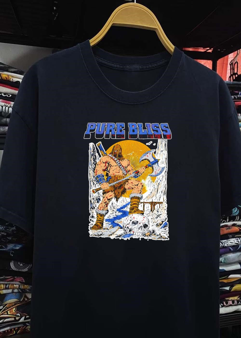 Pure Bliss Barbarian Warrior Standing on a Skull Fantasy Action T-Shirt