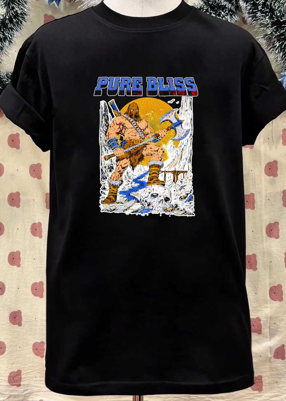 Pure Bliss Barbarian Warrior Standing on a Skull Fantasy Action T-Shirt