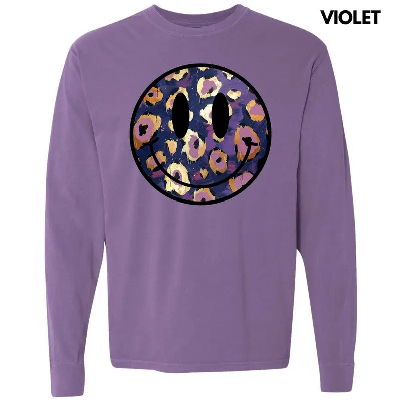 Purple & Gold Cheetah Happy Face Long Sleeve Comfort Colors T-Shirt 'NLB' Hoodie, Sweatshirt | HypeDripTees.com