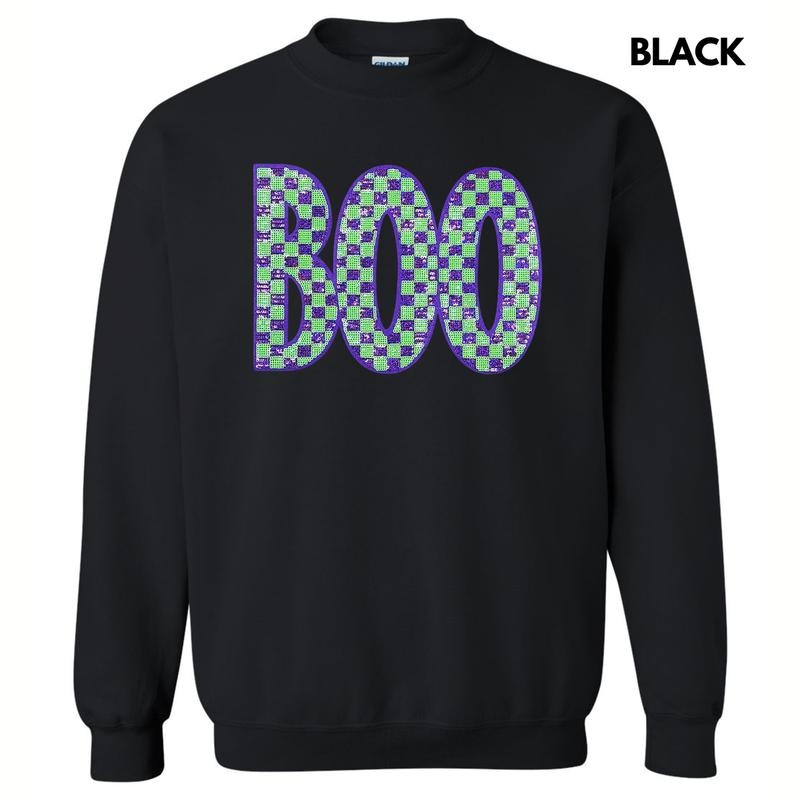 Purple & Green BOO Sequin Patch Sweatshirt T-Shirts, Hoodie | HypeDripTees.com