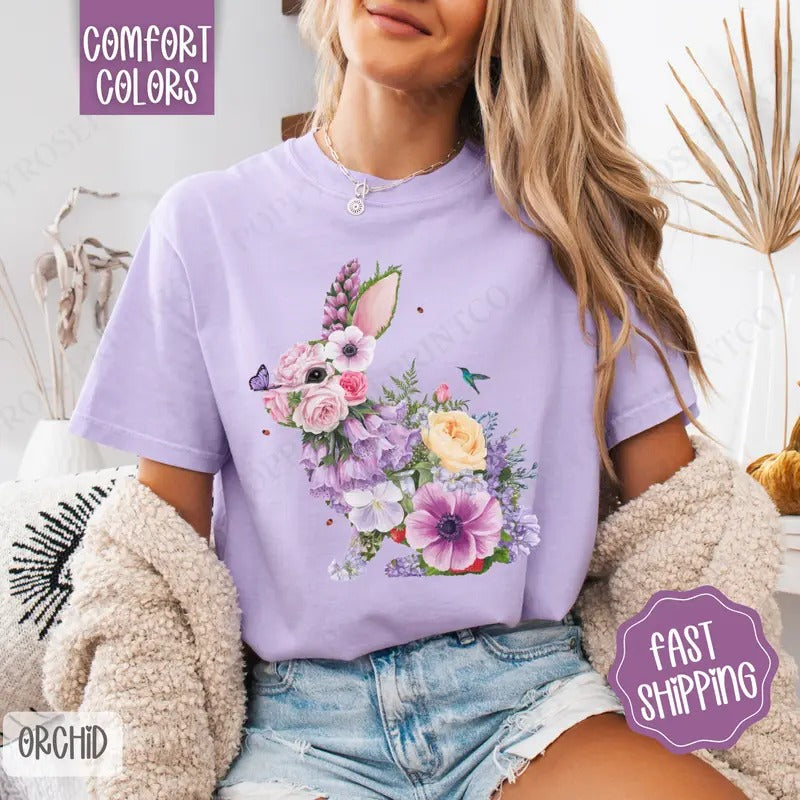 Purple Floral Bunny Shirt Comfort Colors, Easter Tshirt, Trendy Bunny Women's Tee, Gift for Her Hoodie, Sweatshirt