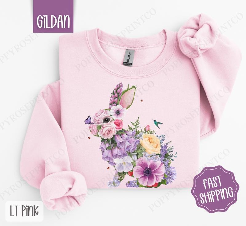 Purple Floral Bunny Sweatshirt, Easter Crewneck, Trendy Bunny Women's Sweater, Gift for Her T-Shirts, Hoodie