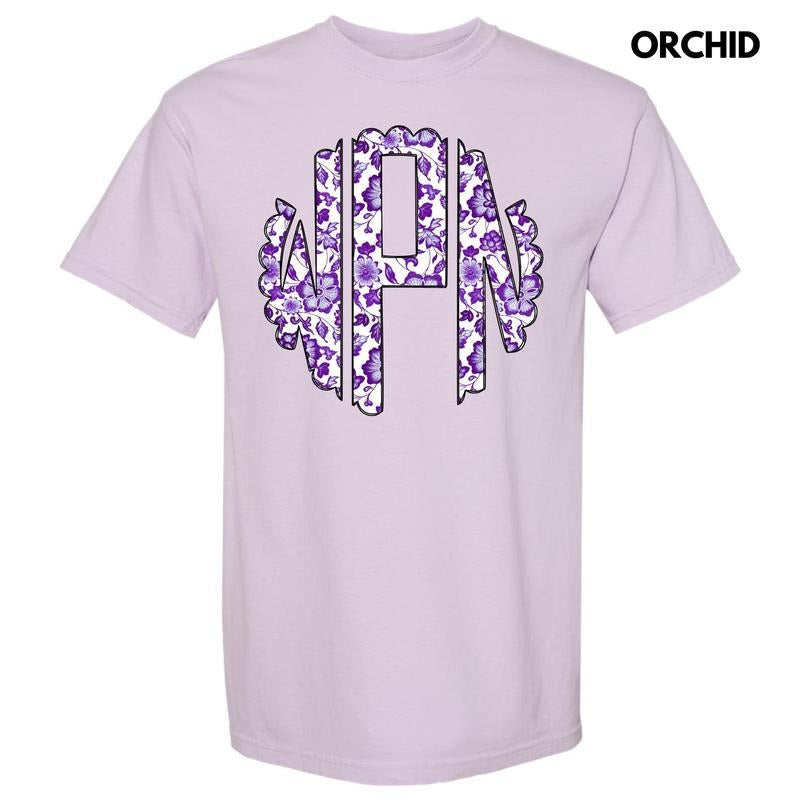 Purple Floral Monogram Comfort Colors T-Shirt 'NLB' Hoodie, Sweatshirt | HypeDripTees.com