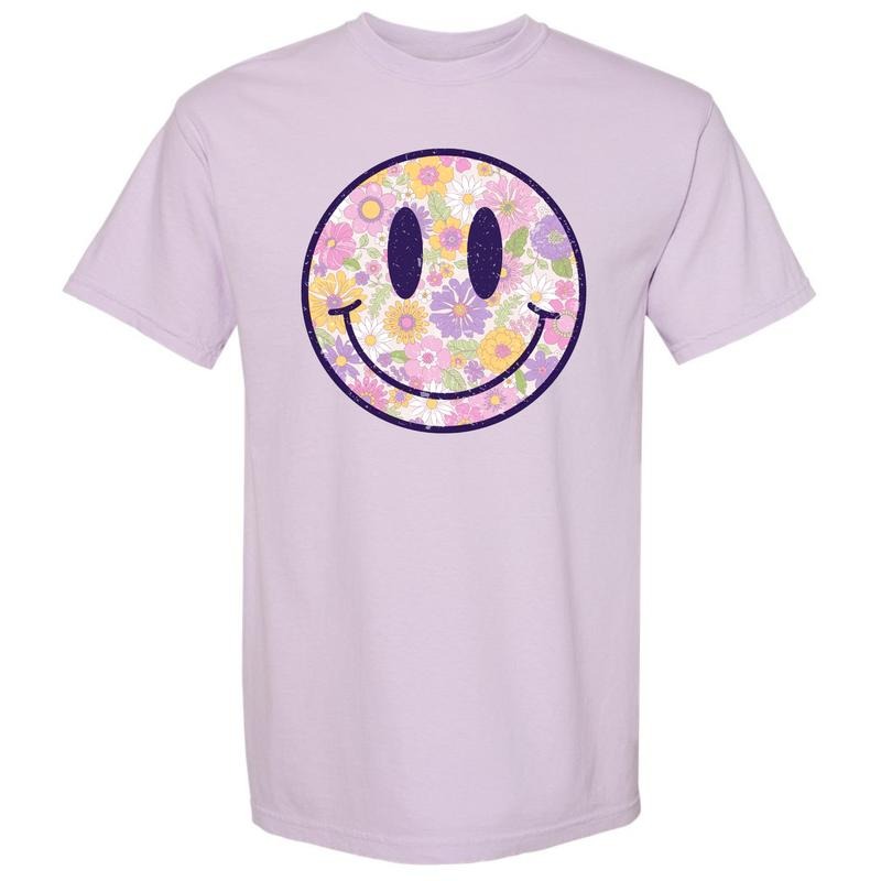Purple Flowers Happy Face Comfort Colors T-Shirt *NLB* Hoodie, Sweatshirt | HypeDripTees.com