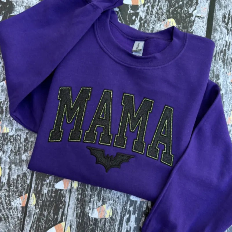 Purple Mama Bat Embroidered Glitter Crewneck Sweatshirt T-Shirts, Hoodie | HypeDripTees.com
