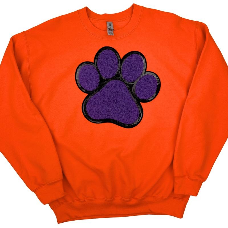 Purple Paw Chenille Patch Sweatshirt -- ORANGE T-Shirts, Hoodie | HypeDripTees.com