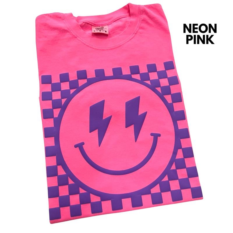 Purple Puff Checkered Happy Face Comfort Colors T-Shirt Hoodie, Sweatshirt | HypeDripTees.com