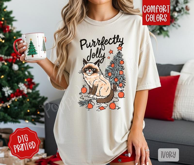Purrfectly Jolly Shirt Comfort Colors, Trendy Women's Christmas TShirt Hoodie, Sweatshirt | HypeDripTees.com