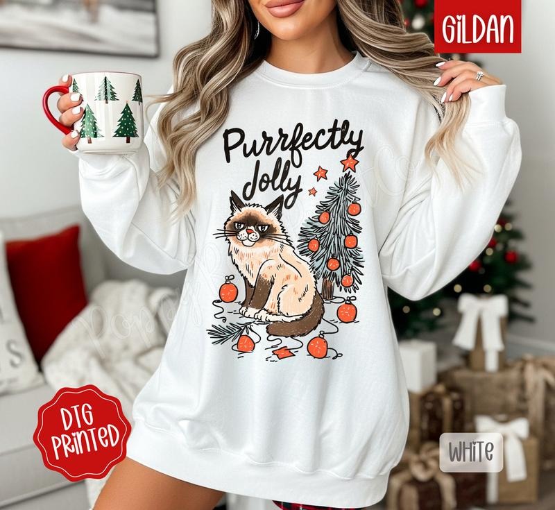 Purrfectly Jolly Sweatshirt, Trendy Women's Christmas Crewneck T-Shirts, Hoodie | HypeDripTees.com