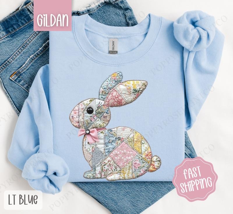 Quilted Bunny Sweatshirt, Cute Easter Sweater, Trendy Bunny Crewneck T-Shirts, Hoodie | HypeDripTees.com
