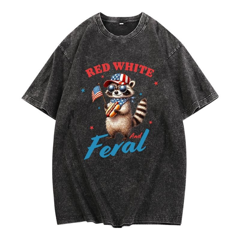 Quirky Patriotic T - Shirt: Celebrate with a Feral Raccoon on a Washed - out Tee Hoodie, Sweatshirt | HypeDripTees.com